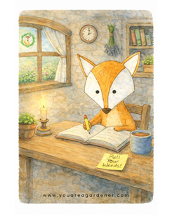 Foxie sits at a wooden desk by a window, thoughtfully writing in a journal in a soft watercolor scene filled with warm light, plants, and gentle garden details.
