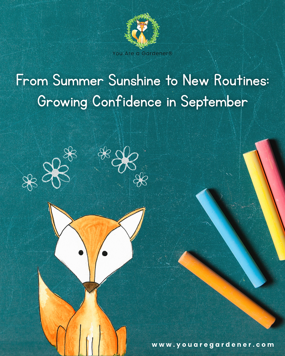 Fox illustration with flowers on a teal chalkboard. Text: "From Summer Sunshine to New Routines: Growing Confidence in September." Colorful chalks nearby.