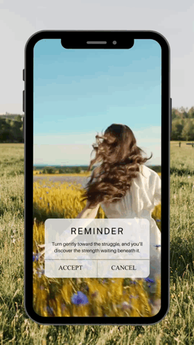 Woman in a white dress runs through a sunny field on a phone screen. Text: "REMINDER: Turn gently toward the struggle..." Appears uplifting.
