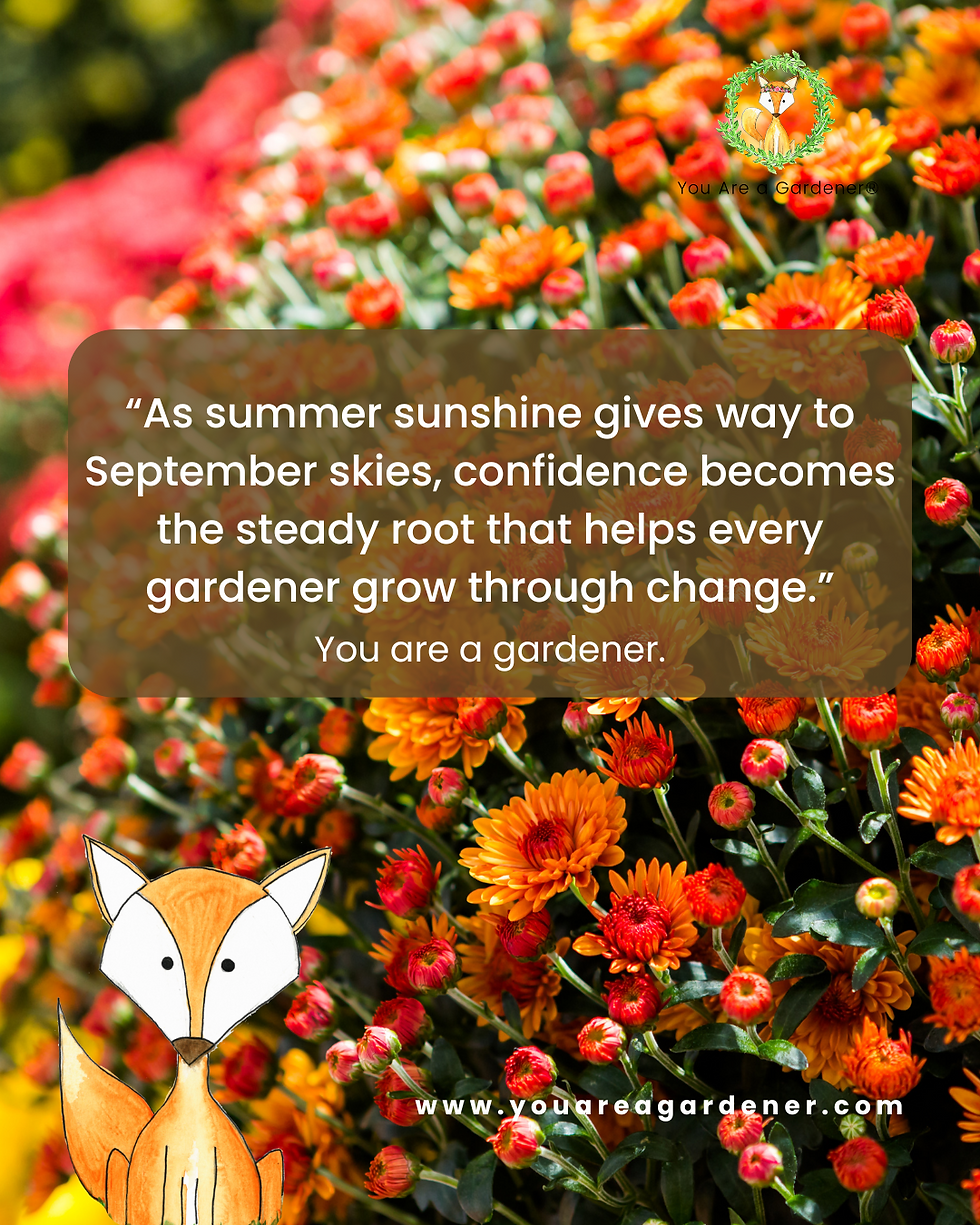 Orange and red flowers with a cartoon fox. Text overlay reads, "As summer...grow through change." Website link at the bottom. Vibrant mood.
