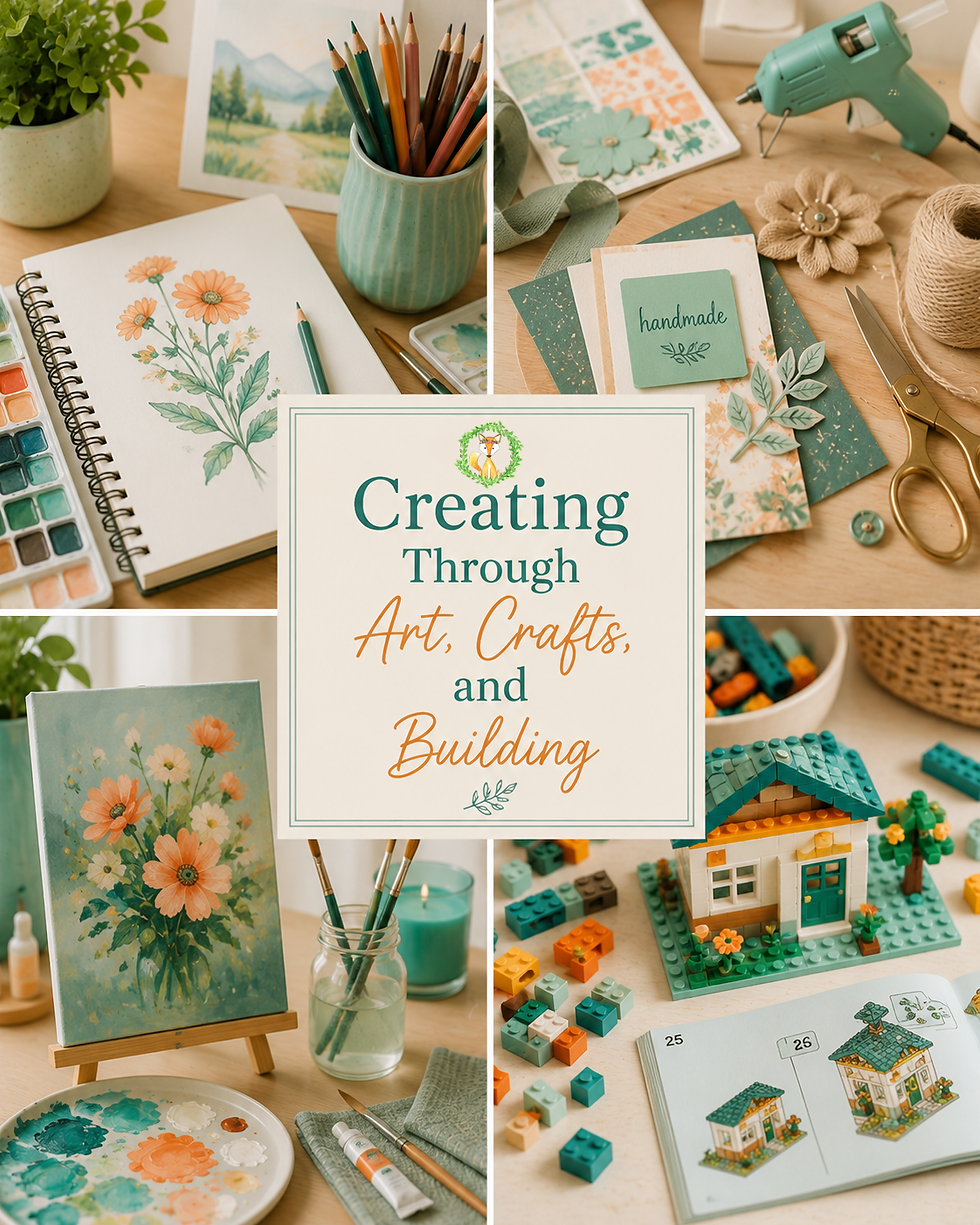 Collage featuring drawing, painting, journaling, crafting supplies, blocks, and hands-on creative activities for gardeners of all ages.