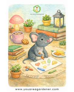 “Mousie sits on the floor in a cozy watercolor scene, drawing with crayons on paper while surrounded by books, plants, and a warm mug, creating a calm and creative garden-inspired space.”