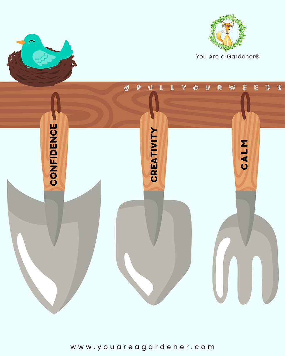 A turquoise bird in a nest on a wooden beam with tools labeled Confidence, Creativity, and Calm. Includes hashtag #PULLYOURWEEDS.