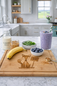 Blueberry smoothie ingredients arranged on a wooden cutting board engraved with a fox illustration, representing mindful preparation and nervous system regulation.
