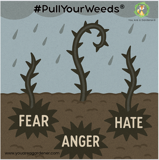 weeds in a rain labeled fear, anger and hate that says pull your weeds with you are gardener logo with fox in a wreath