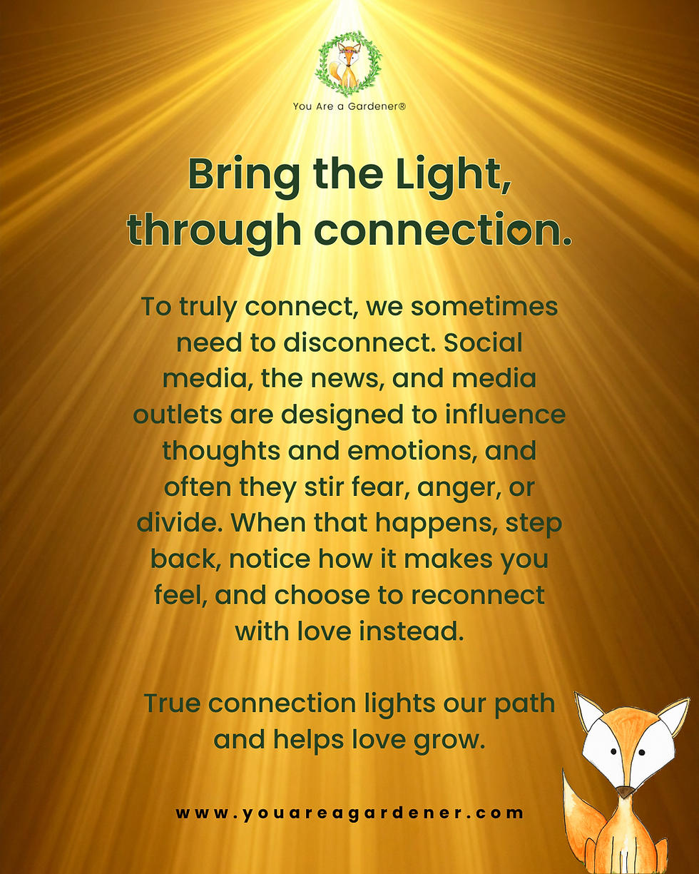 Gold background with rays, inspirational text about love and connection with an illustrated fox and logo at the top. Website link: www.youareagardener.com.