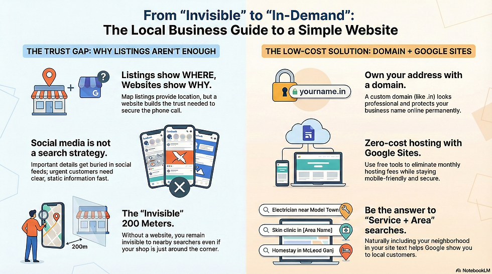 Infographic on local business websites: left shows map listings vs. websites for trust, right shows benefits of domains and Google Sites.
