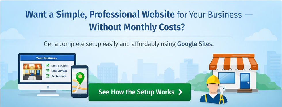 Ad with text promoting a simple, professional website setup using Google Sites. Features include local services and contact info. Urban skyline.