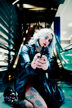 cyberpunk photoshoot london tattooed woman photographed in the neon light