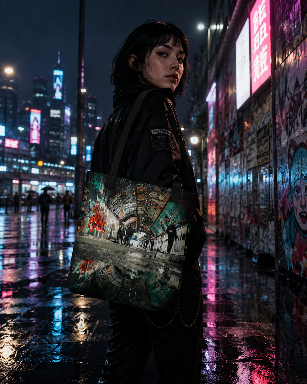 Thumbnail: Banksy Tunnel London Photography Tote Bag – Cyberpunk Graffiti Wearable Art 