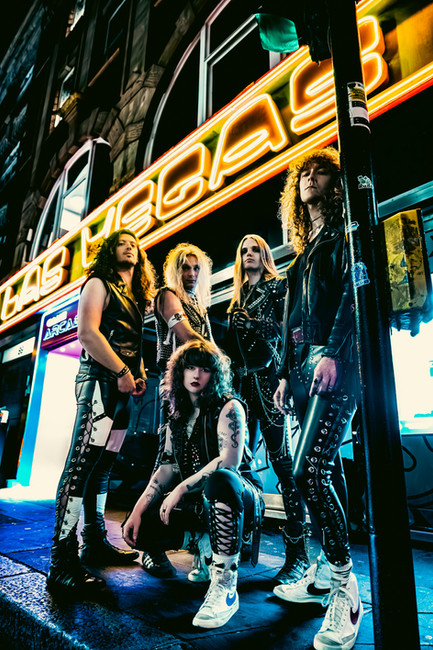 Cinematic band portrait of Tailgunner in Soho, London, photographed for the Midnight Blitz album artwork