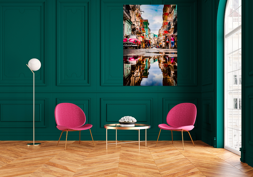Thumbnail: Large Havana reflections street photography print with red vintage car displayed on dark green wall in contemporary interior