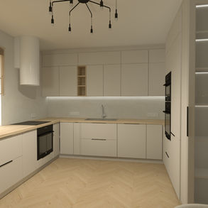 Nowoczesna kuchnia na wymiar w Zbąszyniu, jasne fronty, drewniany blat, podłoga w jodełkę. Projekt wnętrz Zbąszyń