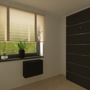 Elegancki przedpokój w Zbąszyniu z szafą na wymiar, miejscem na obuwie i dużym oknem z żaluzjami. Aranżacja przedpokoju