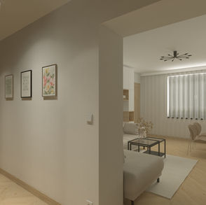 Jasny salon z jadalnią w Zbąszyniu, nowoczesna zabudowa RTV, drewniany stół, beżowe krzesła. Projekt salonu Zbąszyń