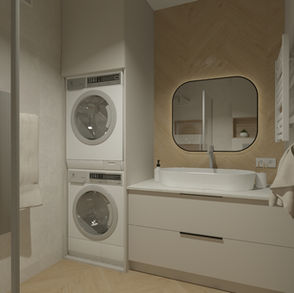 Funkcjonalna łazienka w Zbąszyniu, pralka i suszarka w słupku, umywalka nablatowa, oświetlone lustro. Aranżacja łazienki Zbąszyń