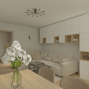 Jasny salon z jadalnią w Zbąszyniu, nowoczesna zabudowa RTV, drewniany stół, beżowe krzesła. Projekt salonu Zbąszyń