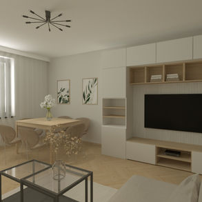 Jasny salon z jadalnią w Zbąszyniu, nowoczesna zabudowa RTV, drewniany stół, beżowe krzesła. Projekt salonu Zbąszyń