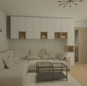 Jasny salon z jadalnią w Zbąszyniu, nowoczesna zabudowa RTV, drewniany stół, beżowe krzesła. Projekt salonu Zbąszyń