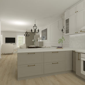 Nowoczesna kuchnia w stylu klasycznym z białymi i beżowymi frontami, marmurowym wykończeniem i złotą armaturą.