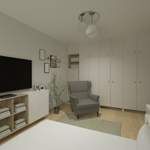 Przytulna sypialnia w Zbąszyniu z tapetą w liście, dużą szafą i drewnianym łóżkiem. Projekt sypialni Zbąszyń