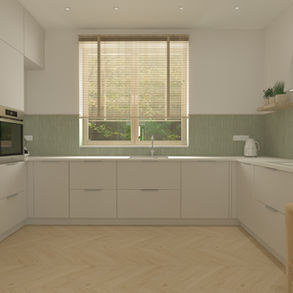 Nowoczesna kuchnia w Książu Wielkopolskim z białymi szafkami, zielonymi płytkami i drewnianymi żaluzjami. Kuchnia na wymiar Książ Wielkopolski