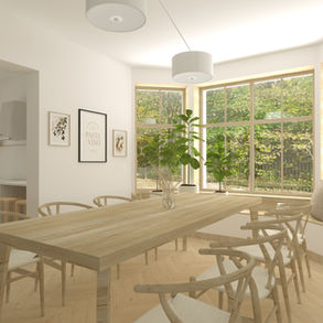 Elegancka jadalnia w Książu Wielkopolskim z długim drewnianym stołem, krzesłami, i pojemną zabudową meblową. Aranżacja jadalni Książ Wielkopolski