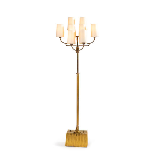 Bronze and brass floor lamp with four double arms in tiers, German craftsmanship from the 1910s-1920s, in the style of Jean Royère. 