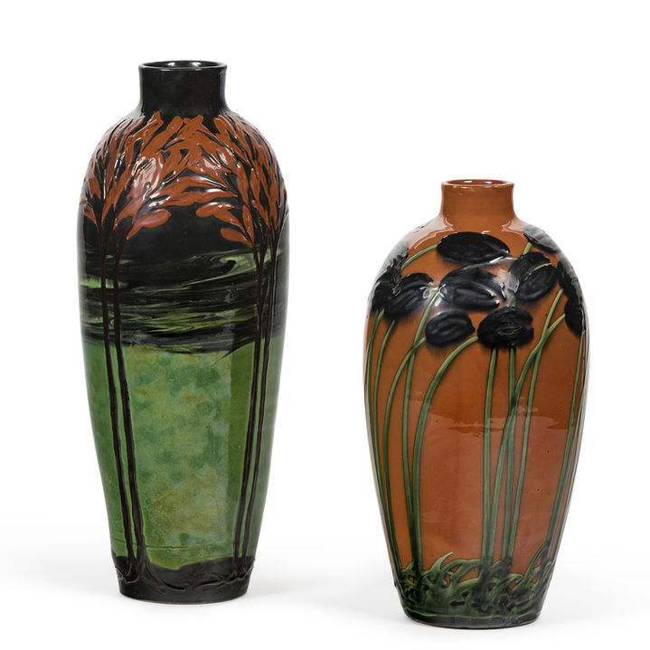 two ceramic vases by Max Lauger, German Art Nouveau ceramist and pioneer, decorated with flowers and plants from the Black Forest, Art Nouveau, Germany, ceramics 