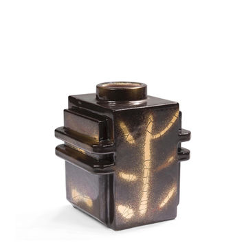 Ceramic vase in the shape of an architectural design, glazed in golden brown by Robert Lallemant, member of the UAM (Union of Modern Artists, French Ceramics).
