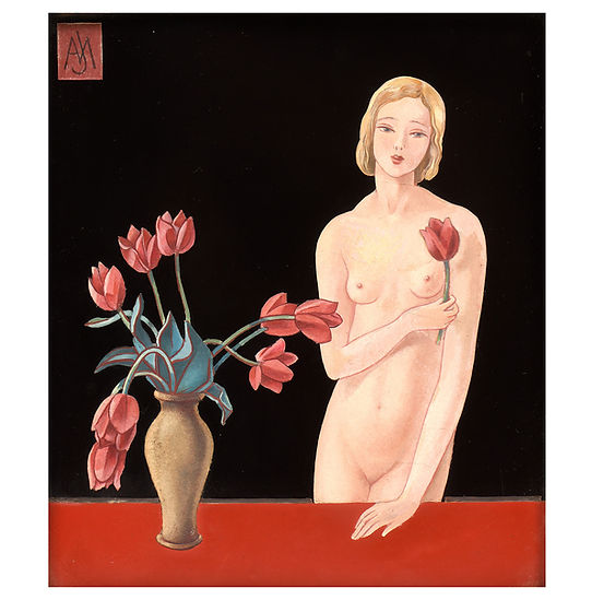 panneau en laque à décor d'une femme aux tulipes par jacques nam