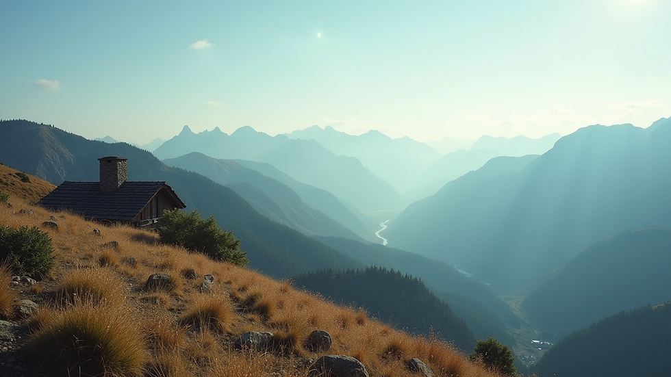 Wide angle view of a serene mountain landscape