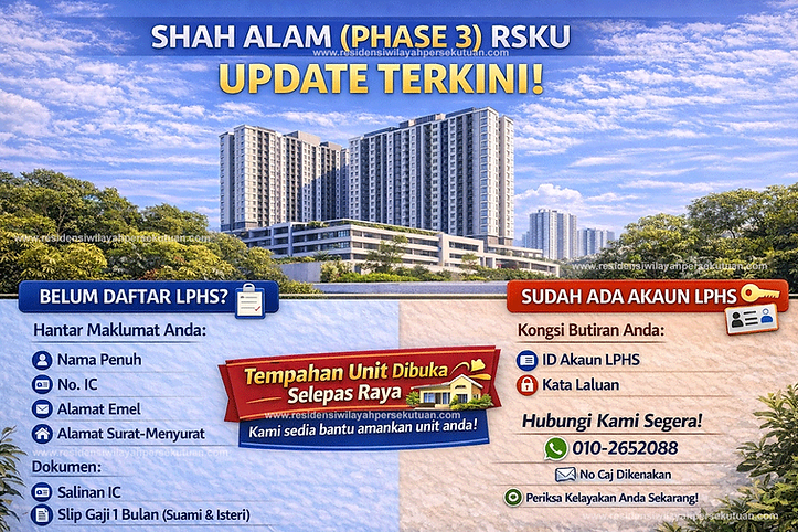 Rumah Idaman Cahaya 3 Shah Alam-RSKU kini dibuka. Unit terhad, komitmen RM1,200+, tanpa bayaran pendahuluan. Hubungi 010-2652088 untuk semakan kelayakan.