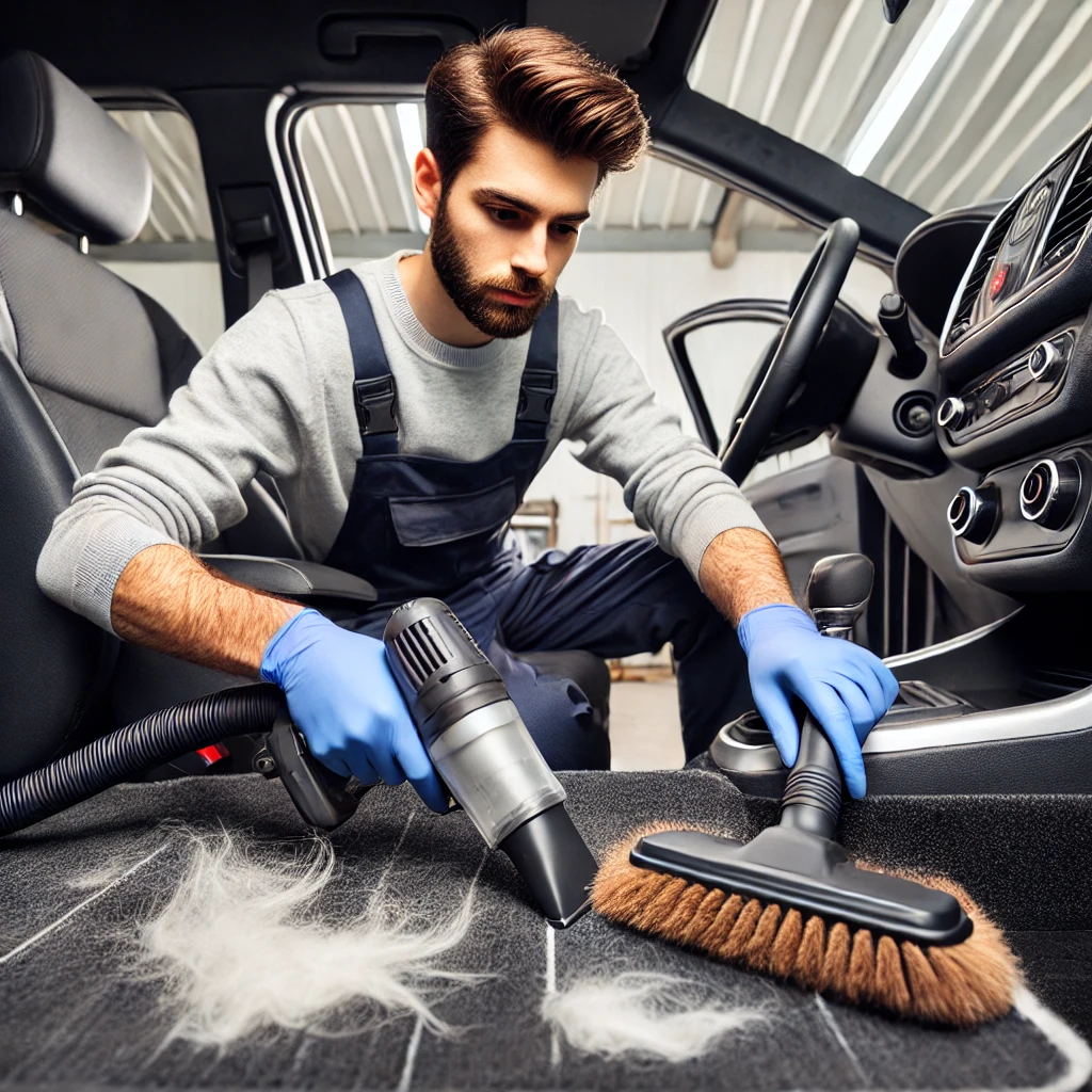 Detailer in blue gloves uses a handheld vacuum to remove pet hair from a car's interior.