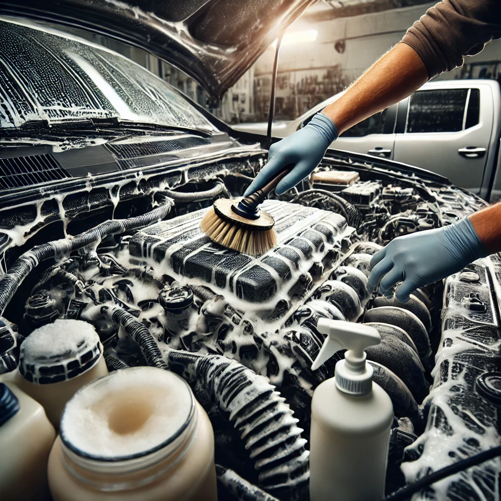 Detailer cleaning car engine with brush and soap