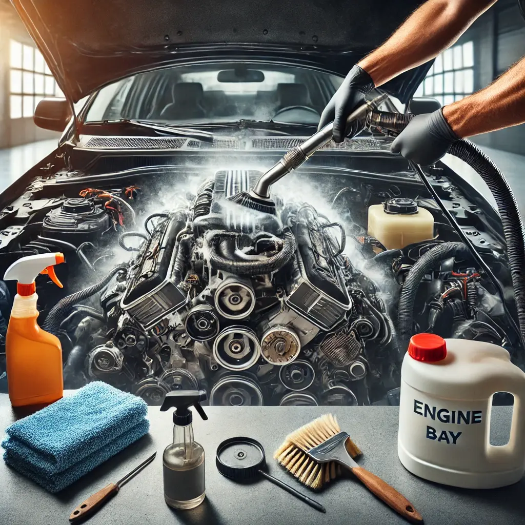 Car engine being cleaned with steam, Engine Bay Detailing Service, detailing tools on table