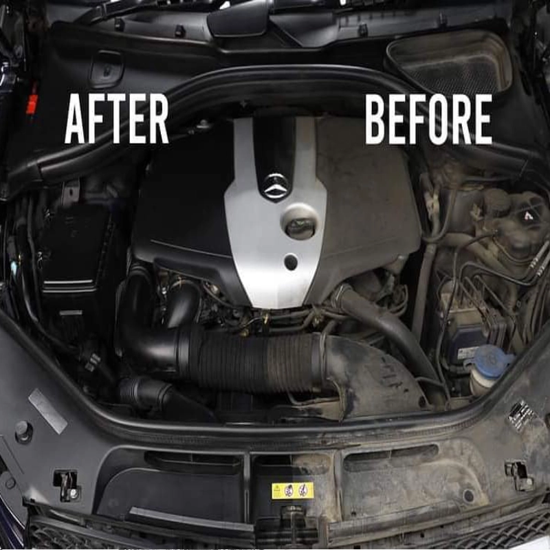 Car engine bay before and after detailing, showing the difference in cleanliness. Before: Dirty and dusty. After: Clean and shiny. Screwy Louie Auto De