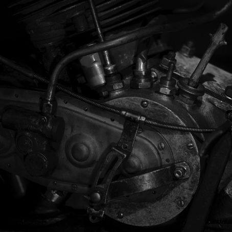 vintage motorcycle engine in black and white