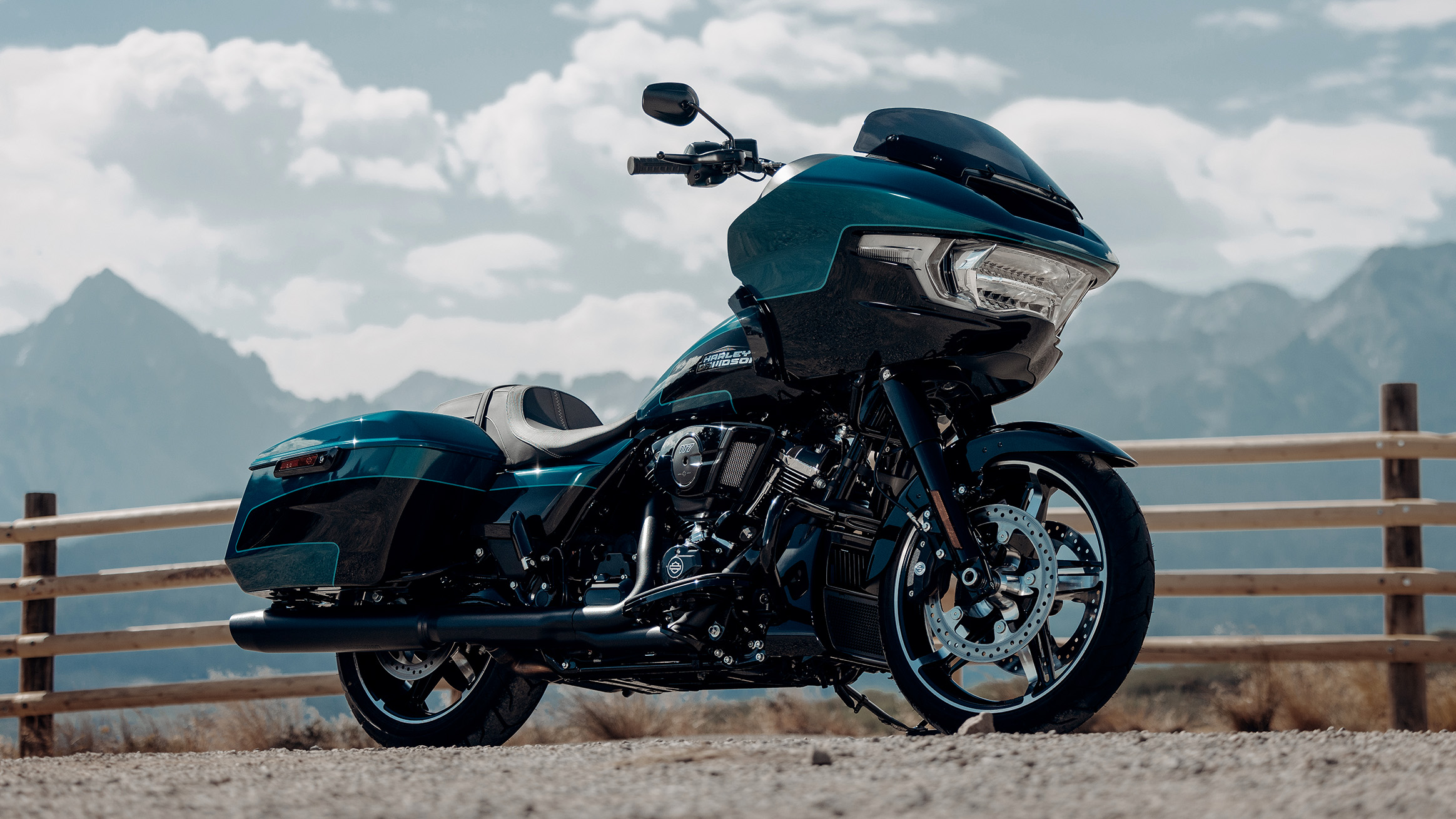 2026 Harley-Davidson Road Glide in Teal Thunder showing the frame-mounted Sharknose fairing