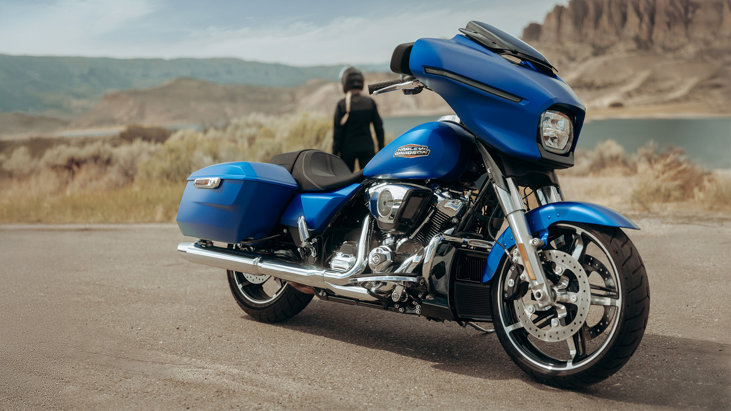 2026 Harley-Davidson Street Glide in Aurora Blue Denim showing the fork-mounted Batwing fairing