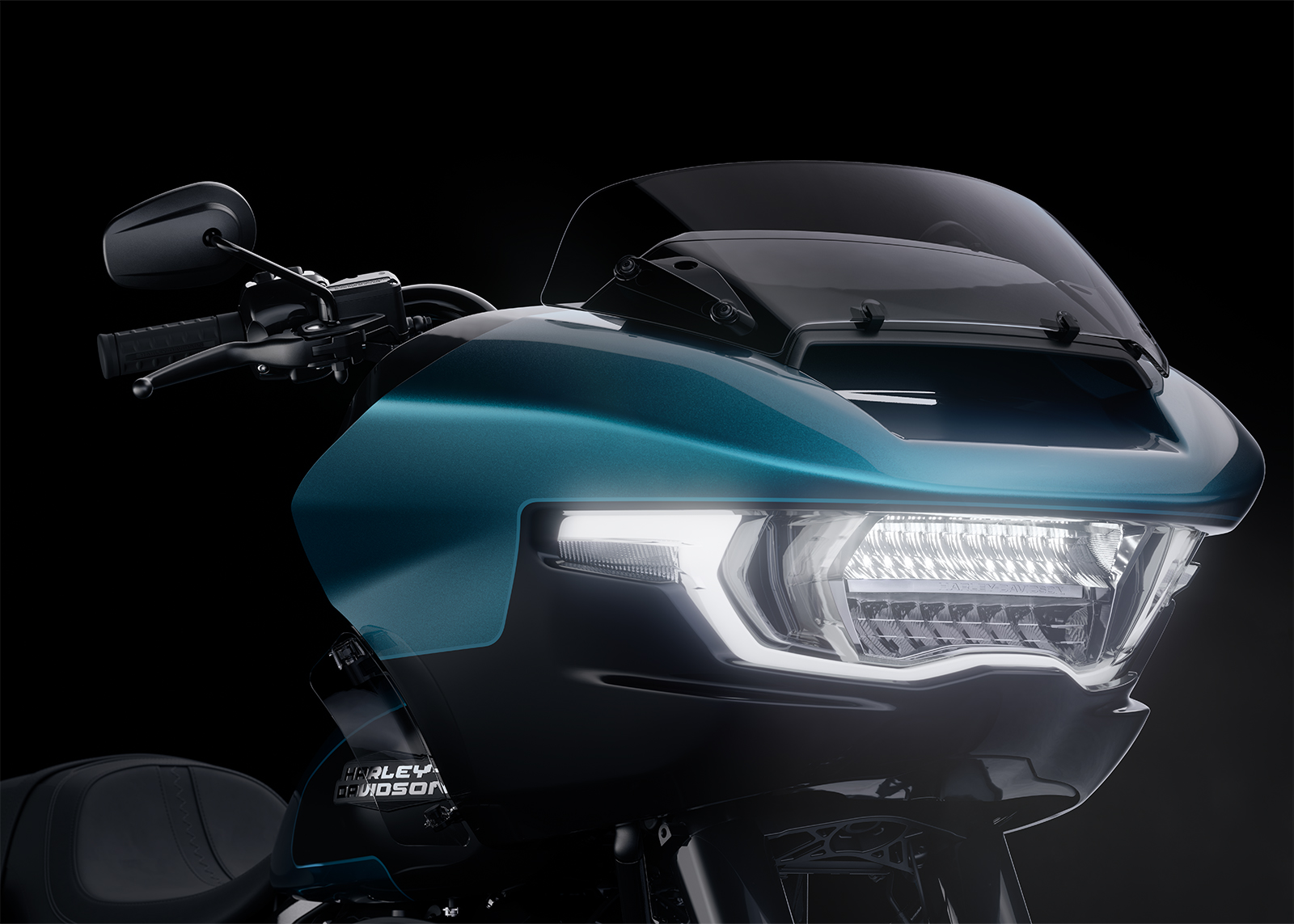 Close-up of the 2026 Road Glide Sharknose fairing and twin LED headlamp