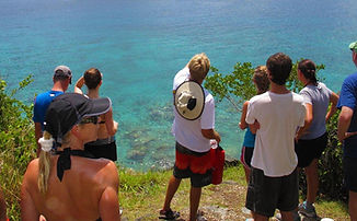 Small group walking along tropical trail toward Honeymoon Beach, St. John, with Caribbean sea in view.