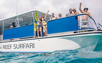 Catamaran taking guests to snorkel in clear blue water and enjoy a sunset.