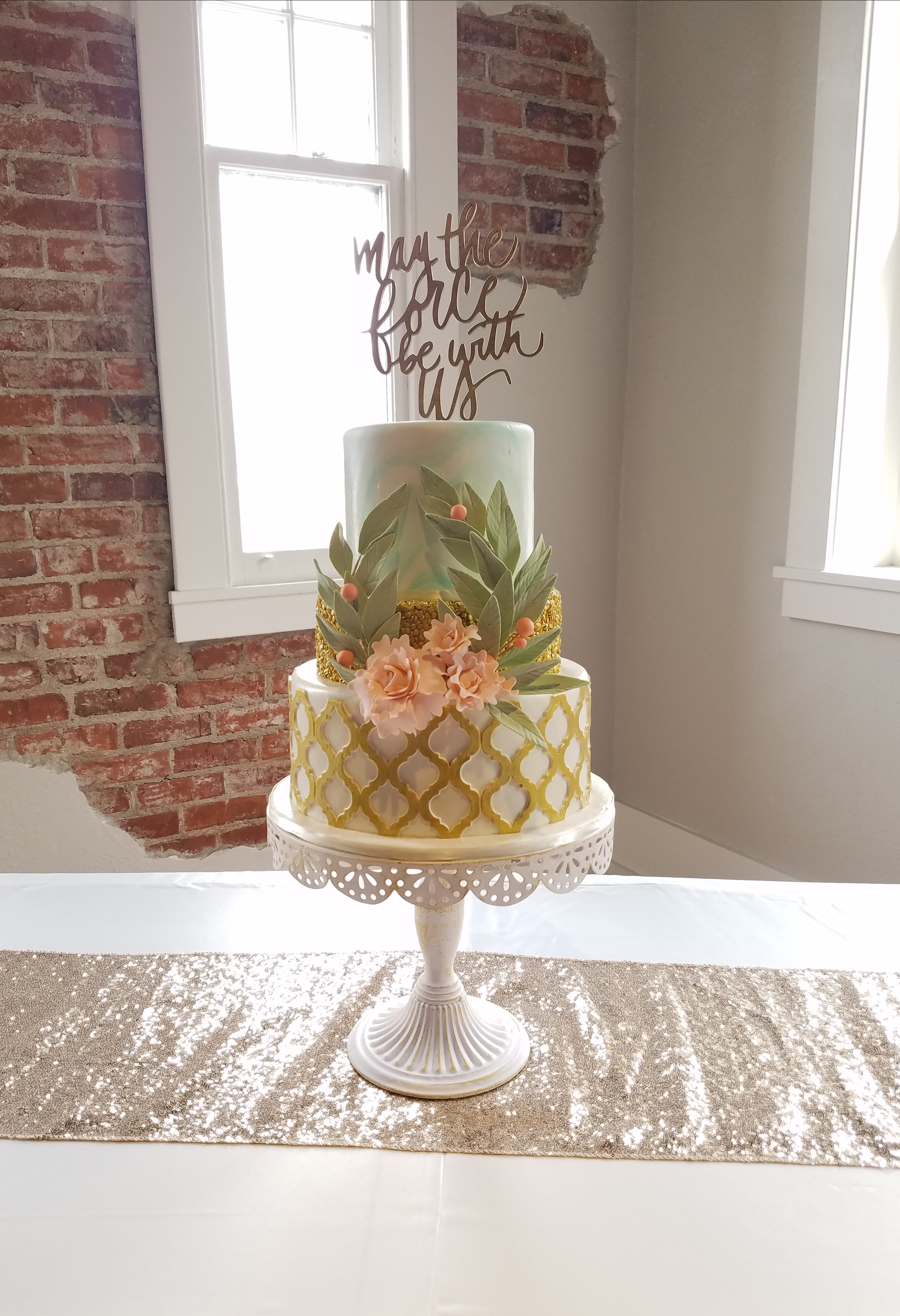 Peach, mint and ivory cake