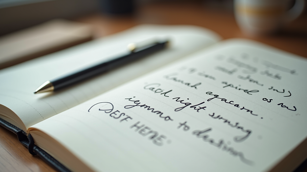 Close-up view of a journal with handwritten goals and a pen resting on it