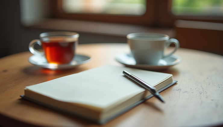Close-up of a journal and pen on a wooden table with a cup of tea nearby