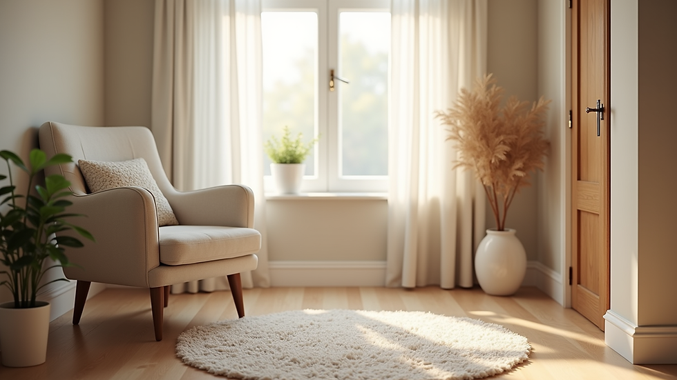 Eye-level view of a calm therapy room with a comfortable chair and soft lighting