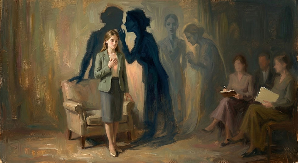 A woman standing in front of others, feeling judged.