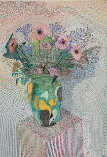 Green & Yellow Art Deco Vase with Flowers (2021).webp