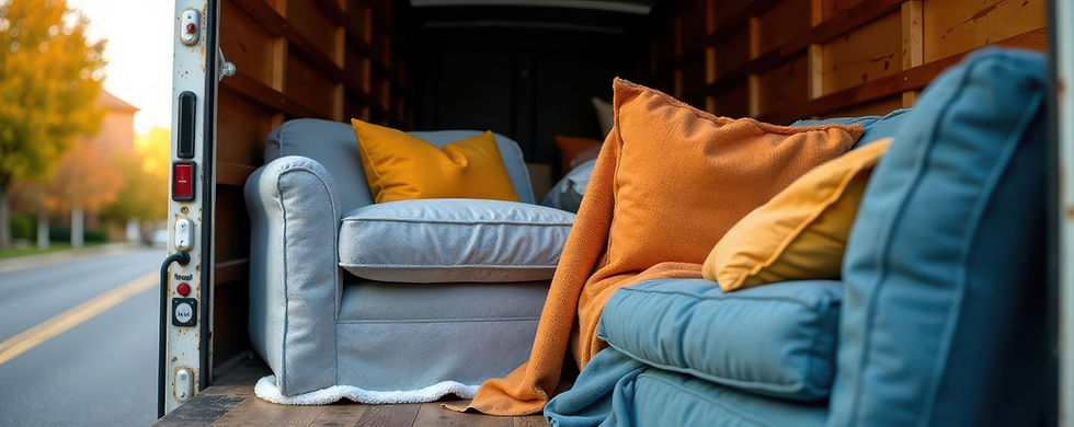 Close-up of furniture wrapped in protective blankets on a moving truck , safety, protective materials, shipping